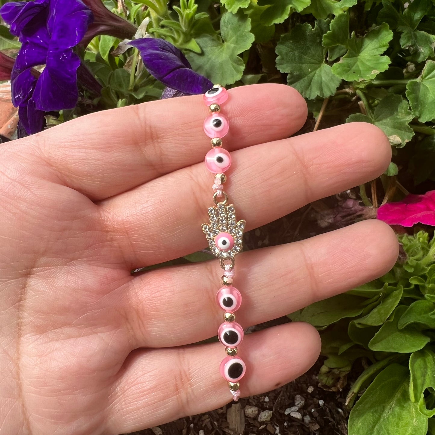 Pink Hamsa Hand Evil Eye Bracelet