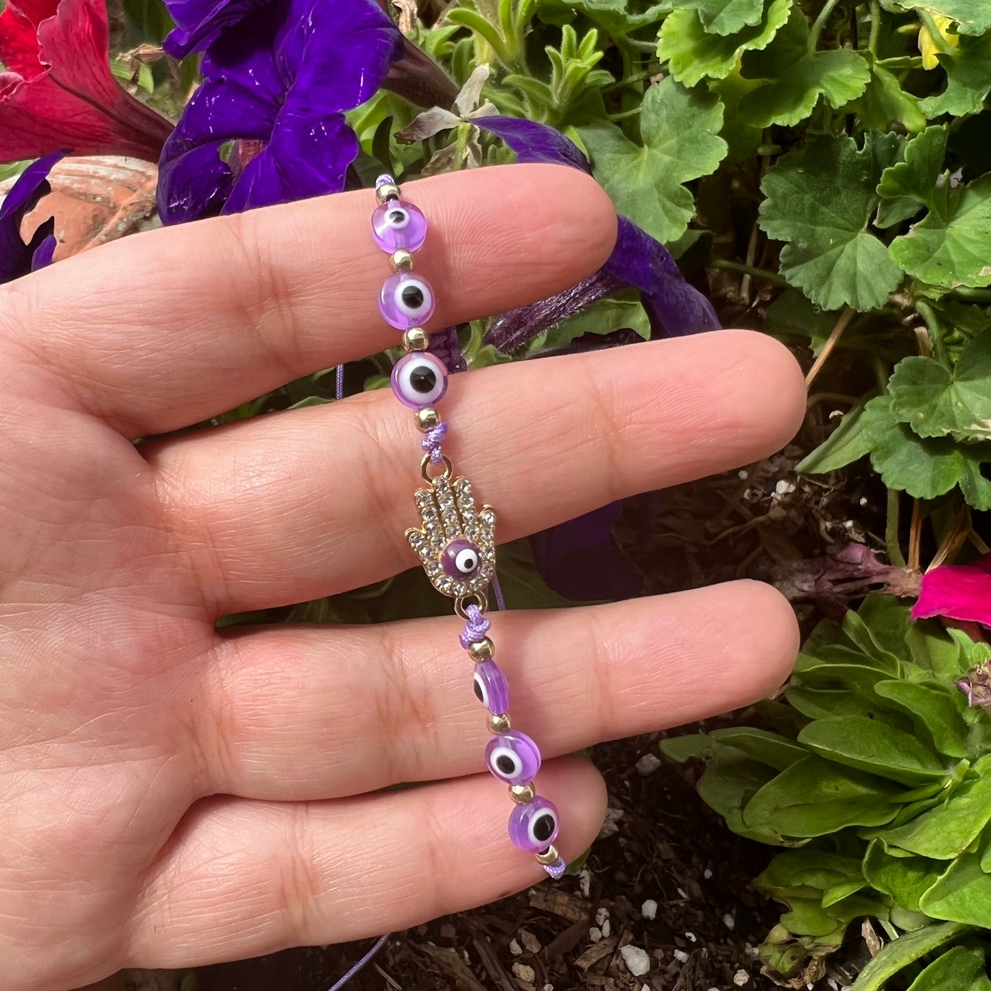 Purple Hamsa Hand Evil Eye Bracelet